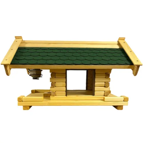 Preview: vogelhaus-hansi-mit-gruenen-bitumenschindeln -ausziehboden-boden-mit-zaun-gebeizten-tuerzargen-und-meisenknoedel-haken